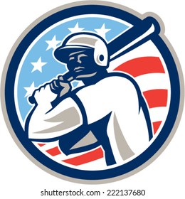 Illustration of a american baseball player batter hitter holding bat set inside circle with stars and stripes in the background done in retro style.