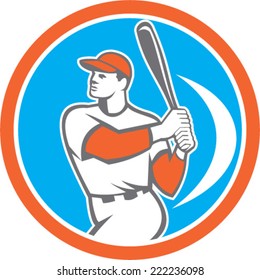 Illustration of an american baseball player batter hitter holding bat set inside circle on isolated background done in retro style. 