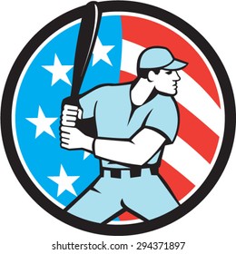 Illustration of a american baseball player batter hitter holding bat viewed from the side set inside circle with usa flag stars and stripes in the background done in retro style.