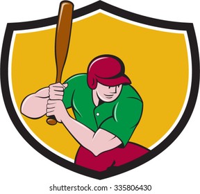 Illustration of an american baseball player batter hitter with bat batting viewed from high angle set inside shield crest done in cartoon style isolated on background.