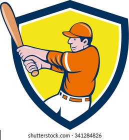 Illustration of an american baseball player batter holding bat batting swinging bat viewed from the side set inside shield crest on isolated background done in cartoon style. 