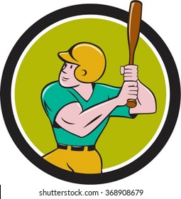Illustration of an american baseball player batter hitter with bat batting set inside circle done in cartoon style isolated on background.