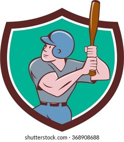 Illustration of an american baseball player batter hitter with bat batting set inside shield crest done in cartoon style isolated on background.