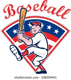 Illustration of a american baseball player batting cartoon style isolated on white with stars and stripes set inside fan shape.