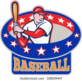 Illustration of a american baseball player batting cartoon style isolated on white with ring and stars around  and text wording baseball