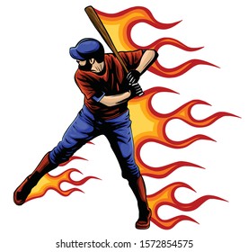 Illustration of a american baseball player batting cartoon style isolated on white with ball on fire in background.