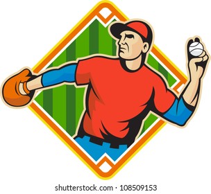 Illustration of a american baseball player outfielder throwing ball isolated on white background set inside diamond field shape.