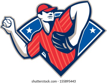 Illustration of a american baseball player pitcher outfielder throwing ball isolated on white background.