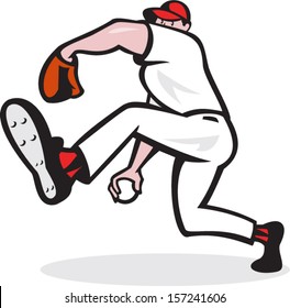 Illustration of an american baseball player pitcher outfielder throwing ball isolated on white background done in cartoon style.