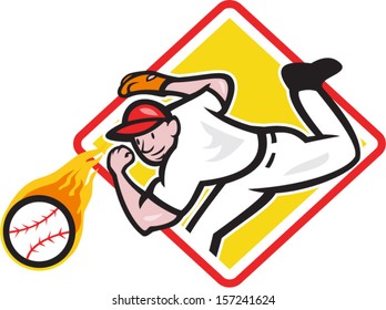 Illustration of an american baseball player pitcher outfielder throwing a fire fiery ball set inside diamond shape isolated on white background.