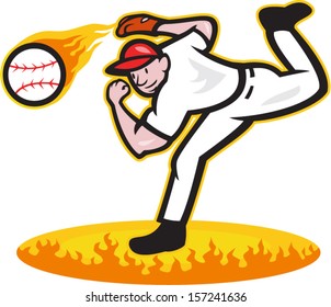 Illustration of a american baseball player pitcher outfielder throwing ball on fire isolated on white background.
