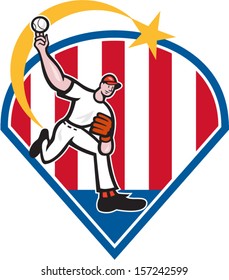 Illustration of an american baseball player pitcher outfilelder throwing ball with star set inside diamond shape with stars and stripes isolated on white background.
