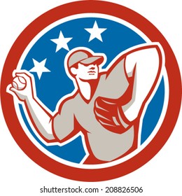 Illustration of a american baseball player pitcher outfilelder throwing ball with stars in the background done in retro style. 