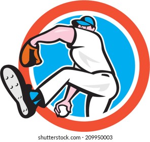 Illustration of a american baseball player pitcher outfilelder throwing ball set inside circle on isolated background done in cartoon style. 