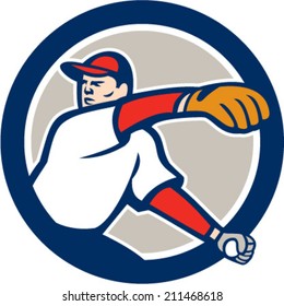 Illustration of an american baseball player pitcher outfilelder throwing ball on isolated background set inside circle done in cartoon style.