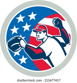 Illustration of a american baseball player pitcher outfilelder throwing ball set inside circle with stars and stripes in the background done in retro style. 