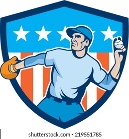 Illustration of an american baseball player pitcher outfilelder throwing ball set inside shield crest with american stars and stripes in the background done in cartoon style. 