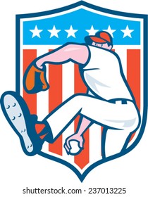 Illustration of an american baseball player pitcher outfilelder throwing ball set inside shield crest with american stars and stripes flag in the background done in cartoon style. 