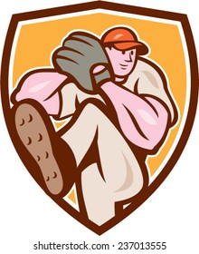 Illustration of an american baseball player pitcher outfilelder with leg up getting ready to throw ball set inside shield crest on isolated background done in cartoon style. 