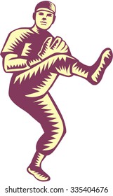 Illustration of an american baseball player pitcher outfilelder in a throwing stance with one leg in the air viewed from front set on isolated white background done in retro woocut style. 