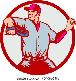 Illustration of an american baseball player pitcher outfilelder throwing ball looking to the side set inside circle on isolated background done in retro woodcut style. 