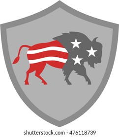 Illustration of an american bison buffalo bull with american stars and stripes flag as part of the body and head viewed from the side set inside shield crest on isolated background done retro style. 