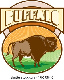 Illustration of an american bison buffalo bull viewed from the side set inside oval shape with sunburst and field in the background and the word Buffalo set inside rectangle retro woodcut style. 