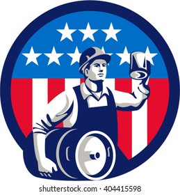 Illustration of an American builder construction worker wearing hardhat holding a beer mug toasting while carrying beer keg set inside circle  USA stars and stripes isolated background retro style