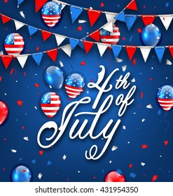 Illustration American Celebration Background for Independence Day 4th July. Poster with Balloons and Bunting. Traditional Colors. Lettering Text - Vector