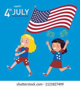 Illustration of American children celebrates Independence Day. Holding an American flag and carrying fireworks. Happy the fourth day of July