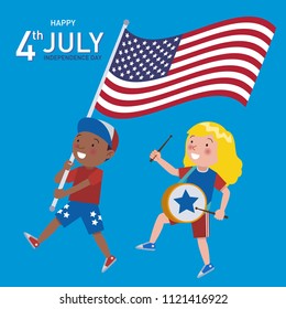 Illustration of american children celebrating Independence day. Holding American flag and hit the drum. Happy fourth of july.