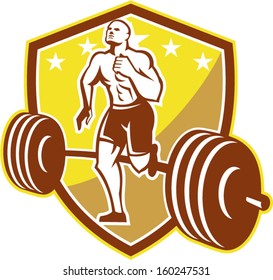 Illustration of an American crossfit marathon runner running facing front with barbell weights set inside shield crest with stars done in retro style on isolated white background