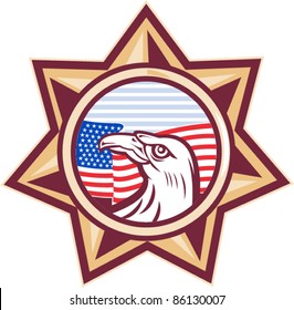 illustration of an American eagle with stars and stripes flag set inside a heptagram seven pointed  star on isolated white background