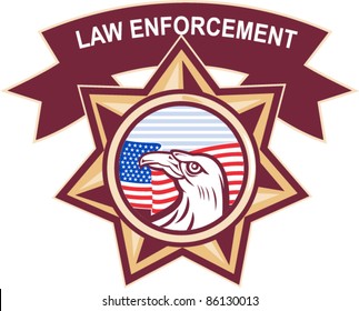 illustration of an American eagle with stars and stripes flag set inside a heptagram seven pointed  star on isolated white background with words law enforcement