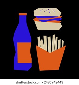 Illustration of American fast food items like a burger, fries, and soda in red, blue, and beige colors on black in cut out style.
