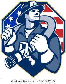 Illustration of an American fireman fire fighter emergency worker slinging a fire hose on shoulder set inside shield with USA stars and stripes flag done in retro style.