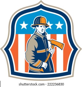 Illustration of an american fireman fire fighter emergency worker holding a fire axe viewed from front set inside shield crest with american stars and stripes flag in background done in retro style.