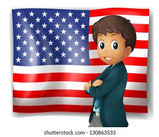 Illustration of an American flag with a boy on a white background