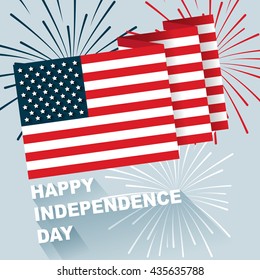Illustration of American flag with Happy independence day text and firework with flat design.