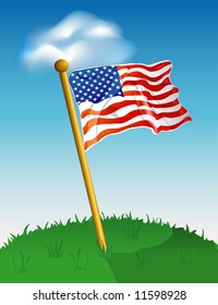 Illustration of an American flag on a lawn, with a cloud background.