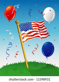 Illustration of an American flag on a lawn, with a festive background.