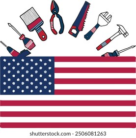 Illustration of the American flag with various hand tools above it, symbolizing Labor Day and the importance of workers in the United States.