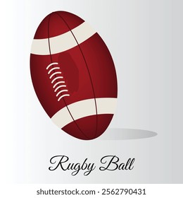  Illustration of an American football , 3D Rugby Ball. The football is maroon with two white stripes near each end and white laces in the center. The ball casts a shadow on a light gray background.
