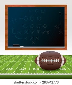 An illustration of an American football ball laying on a turf football field. Chalkboard with playbook drawn on it. Vector EPS 10 available. EPS file contains transparencies and gradient mesh.