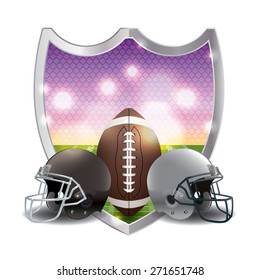 An illustration of an American football emblem, ball, helmets, and field. Vector EPS 10. EPS file is layered and contains transparencies and gradient mesh.