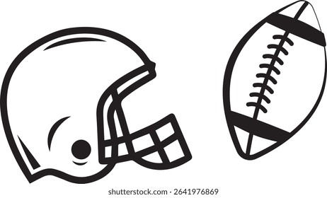 An illustration of American football equipment including a helmet and a ball