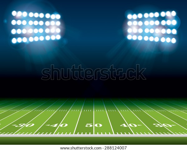 An\
illustration of an American Football field with bright stadium\
lights shining on it. Vector EPS 10. Room for\
copy.