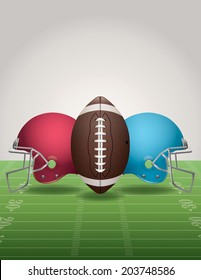 An illustration of an American Football field, football, and helmets. Vector EPS 10. EPS file contains transparencies. Gradient mesh only used in the shadows below the helmets and ball on the field.