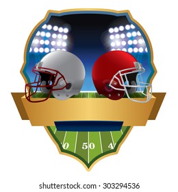 An illustration of an American football field and helmets and badge. Vector EPS 10. EPS file contains transparencies and gradient mesh.