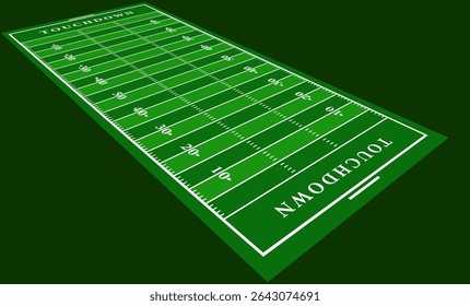 Illustration of an American football field in perspective view with green turf and white markings, labeled “TOUCHDOWN” zones. Ideal for sports themes and educational content.